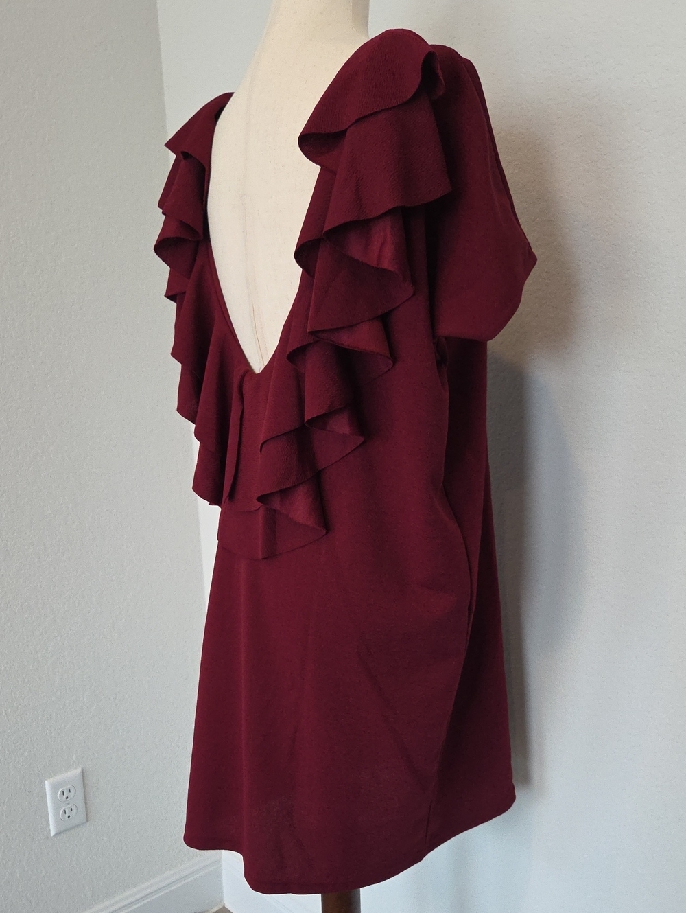 Unique Ruffled Backless V-Back Shift Dress Tunic Burgundy Red XL Party Holiday